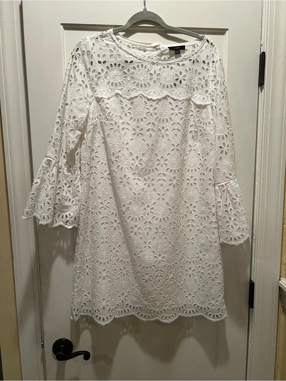 J. Crew White Eyelet Midi Dress with Scalloped Bell Sleeves